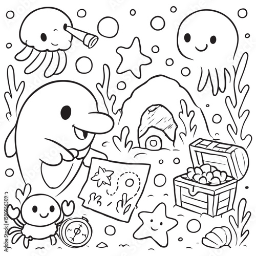 Cute Ocean Animals Underwater Scene Coloring Pages And Vector .