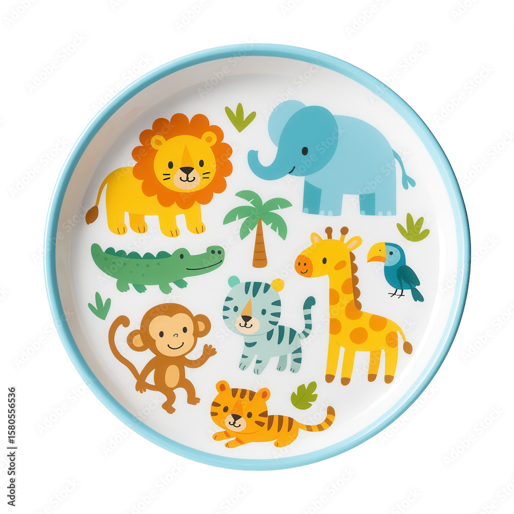 Obraz premium Children's plate with colorful animal illustrations for mealtime fun in a family kitchen.
