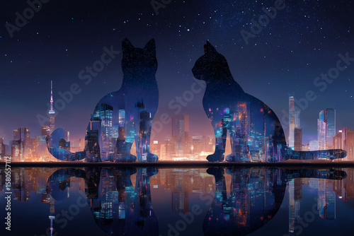 Silhouettes of cats with city skyline reflection at night showcasing urban life and tranquility