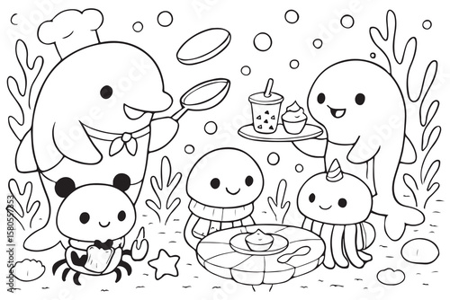 Cute Ocean Animals Underwater Scene Coloring Pages And Vector .