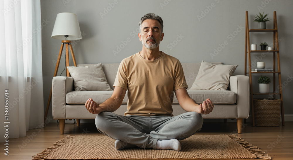 Fototapeta premium A mature man with a beard meditates in a living room with a bed and a plant in the background in a bright environment. A man sitting in a lotus position