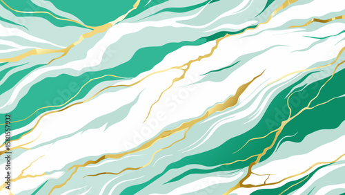 Vector art of green and white marble with gold veins creates a striking and sophisticated abstract background