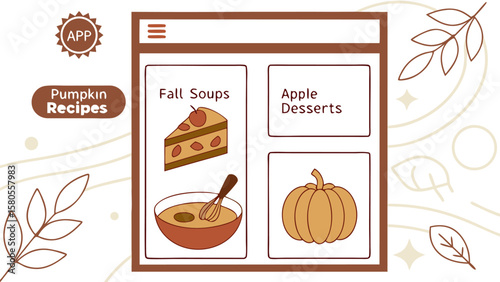 Illustrated app interface showcasing pumpkin recipes fall soups and apple desserts with autumn leaves design