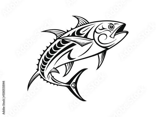 Black and white illustration of a powerful tuna fish swimming forward