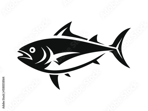 Black and white illustration of a powerful tuna fish swimming forward