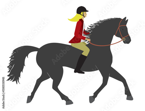 Woman riding on a horse. Isolated. Vector illustration.