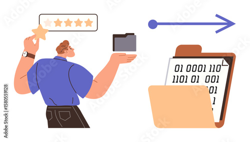 Person holding a folder and star rating panel while overseeing file transfer and binary data. Ideal for technology, digital storage, efficiency, ranking, management, communication, education. Modern