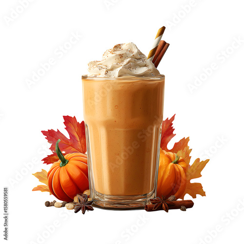 Pumpkin spice smoothie in a fall-themed glass, photorealistic, isolated