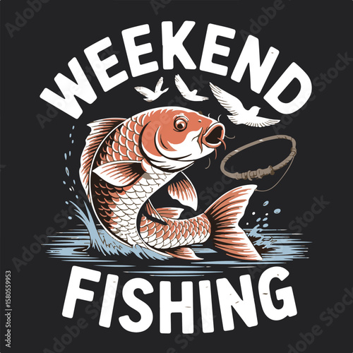 Orange Koi fish leaping from water with fishing line and birds overhead carp