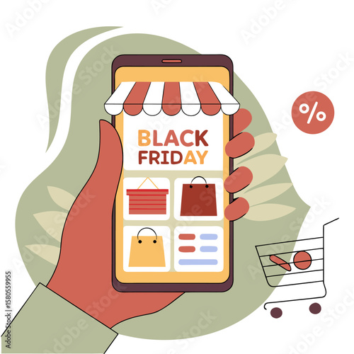 Hand holding smartphone displaying black friday sale with shopping bags and cart on a light background