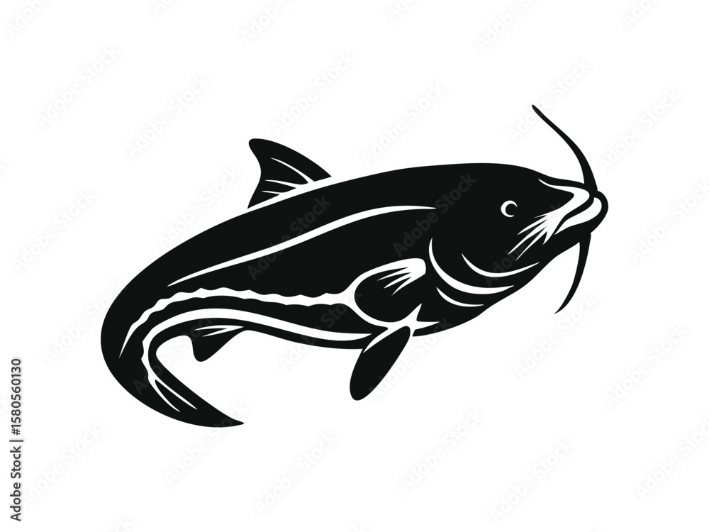 Fototapeta premium Beautiful fish catfish silhouette black vector illustration. 