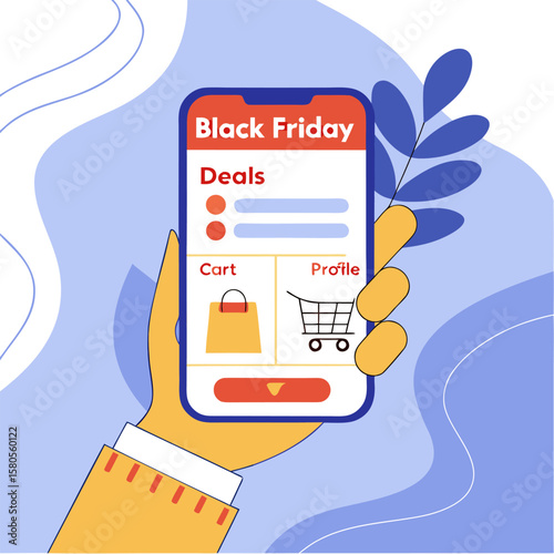 Hand holding a smartphone displaying a black friday deals app with cart and profile options available here