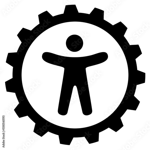 An accessibility bfsg icon featuring a person with outstretched arms within a gear, symbolizing inclusive design and adjustable settings for all users. Ideal for technology and user experience.