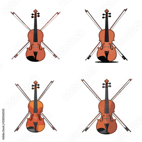 Four Brown Violins with Bows Crossed Behind Each Instrument on White Background Simple Line Art Style Illustration Pack 16
