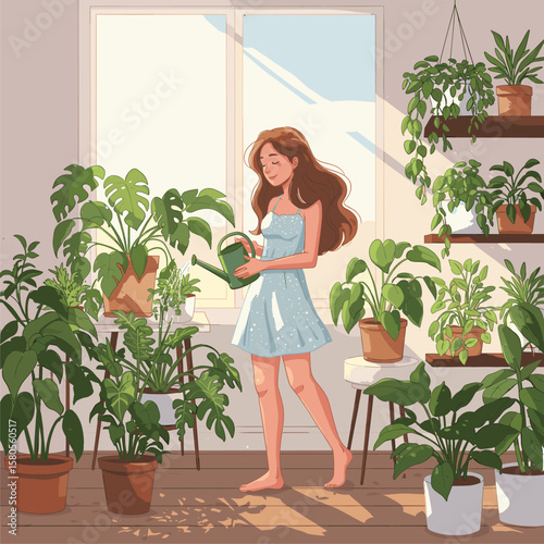 Young Woman Watering Houseplants in Sunny Room. Home Gardening, Indoor Plant Care, Green Living, Relaxing Hobby.