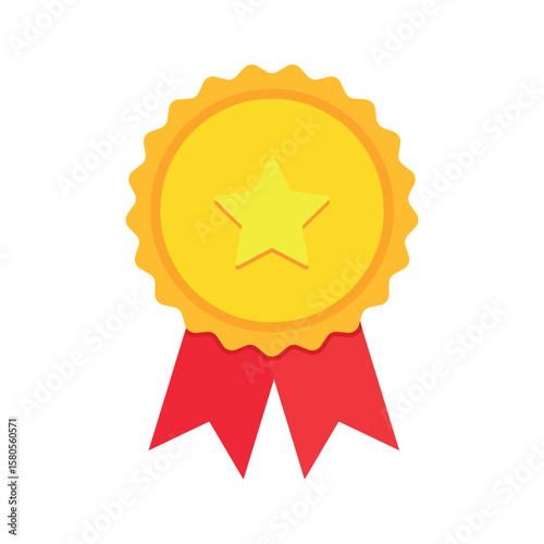 Flat gold award ribbon badge with a star and red ribbons. Ideal for first place awards, certificates, achievements, game UIs, school badges, winner icons, prize labels, and performance recognitions.