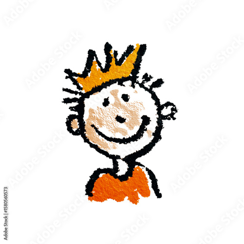 Happy cartoon boy with crown and orange shirt smiling . Children's drawing 