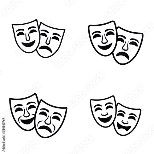 Four Pairs of Black and White Comedy and Tragedy Masks Simple Line Art Illustrations Theater Icons Set
