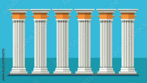 Vector art of a row of six doric columns stands against a teal background, showcasing classical architecture