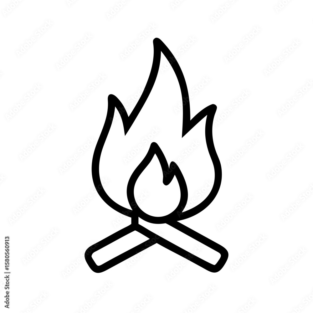 Simple line art of campfire with logs on white background Simple line art of campfire with logs on white background