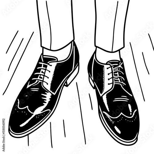 Stylish black dress shoes on male feet in formal attire  