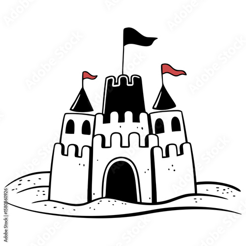 Sandcastle illustration with red and black flags on white background  