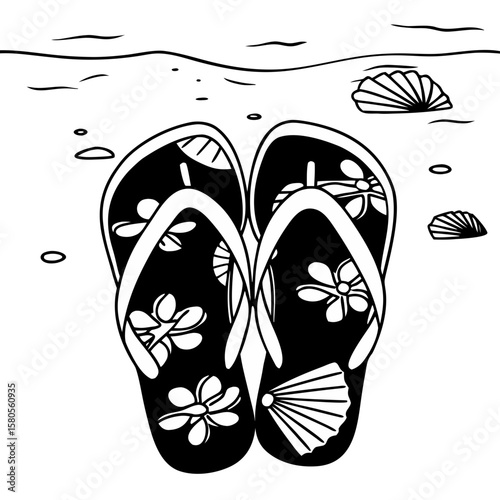 Flip flops with floral design on sandy beach background  