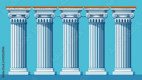 Vector art of five white ionic columns are arranged in a row against a blue background, representing ancient architecture