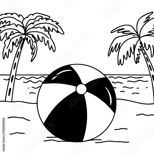 Beach ball resting on sand with palm trees and ocean background  