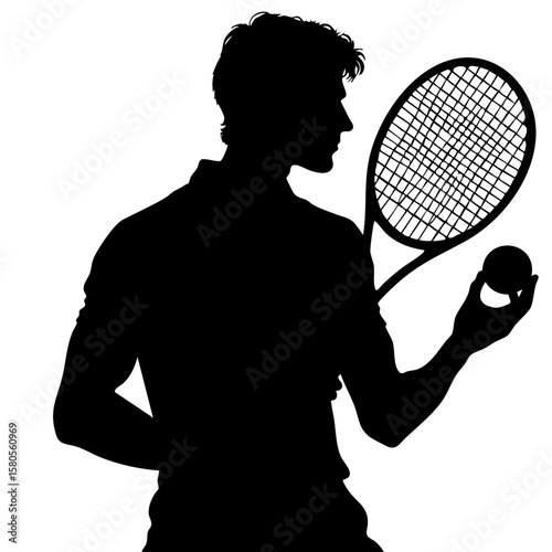 Silhouette of man holding tennis racket and ball in profile view  