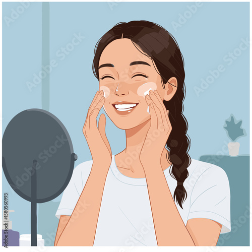 Smiling young woman applies face cream, enjoying her daily skincare routine for healthy, glowing skin and self-care.