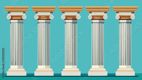Vector art of five ionic columns stand in a row against a teal background, showcasing classical architectural elements