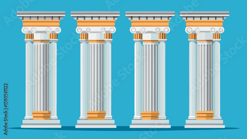 Vector art of four ornate ionic columns are arranged against a teal background, representing classical architectural design