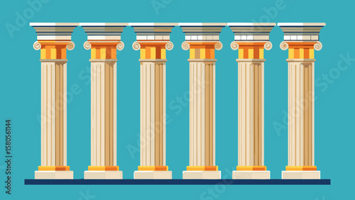 Vector art of six ionic columns stand in a row against a teal background, showcasing classical architectural design