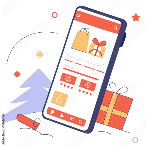 Smartphone displaying online shopping app with gift box and bag near christmas tree illustration
