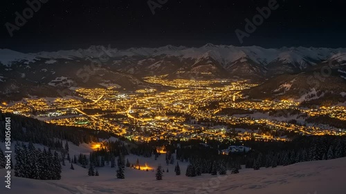 Nighttime Aerial View of Snowy Mountain Town Lights