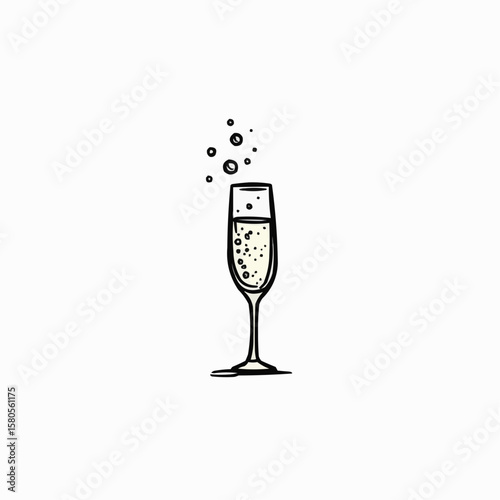Sparkling champagne flute with bubbles on white background  