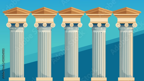 Vector art of five ancient greek columns stand tall against a blue background