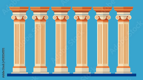 Vector art of a row of six ancient greek columns against a blue background
