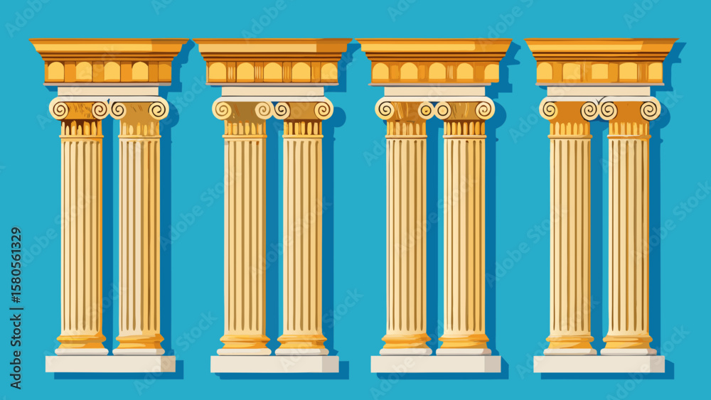 Fototapeta premium Vector art of four sets of double ionic columns stand side by side against a teal background, illustrating classical design