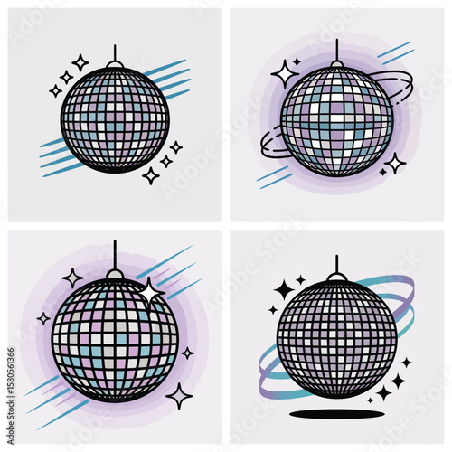 Four Retro Style Disco Ball Illustrations Pastel Purple Gray White Black Line Art Graphic Design Elements