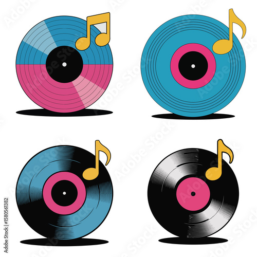 Four Retro Style Vinyl Records with Musical Notes Teal Pink and Black Color Scheme Vintage Music Design Elements
