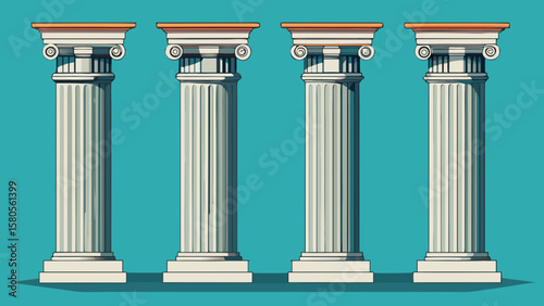 Vector art of four ionic columns stand in a row against a teal background, representing classical architectural elements