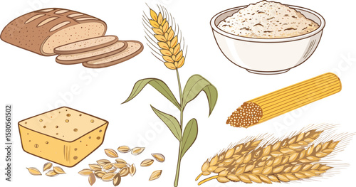 Vector Icon Set of Staple Grains and Cereal Foods Oatmeal Bowl, Whole Grain Bread Slice, Rice Stalk Wheat Bundle, Pasta Noodles, and Corn Tortilla in Minimal Line Style with Natural Tones on White Bg.