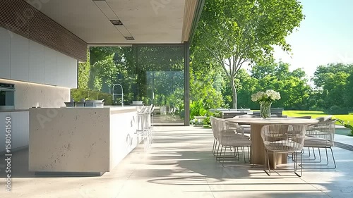 Modern open-plan kitchen and outdoor dining area with glass walls