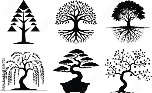Assorted tree silhouette vector set with pine, willow, palm, bonsai, and stylized tree icons for nature and forest
