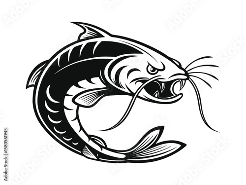 Angry catfish with sharp fins and an arched back vector silhouette