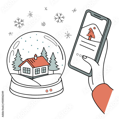 Illustration of a snow globe with a house and trees next to a hand holding a smartphone showing a tree