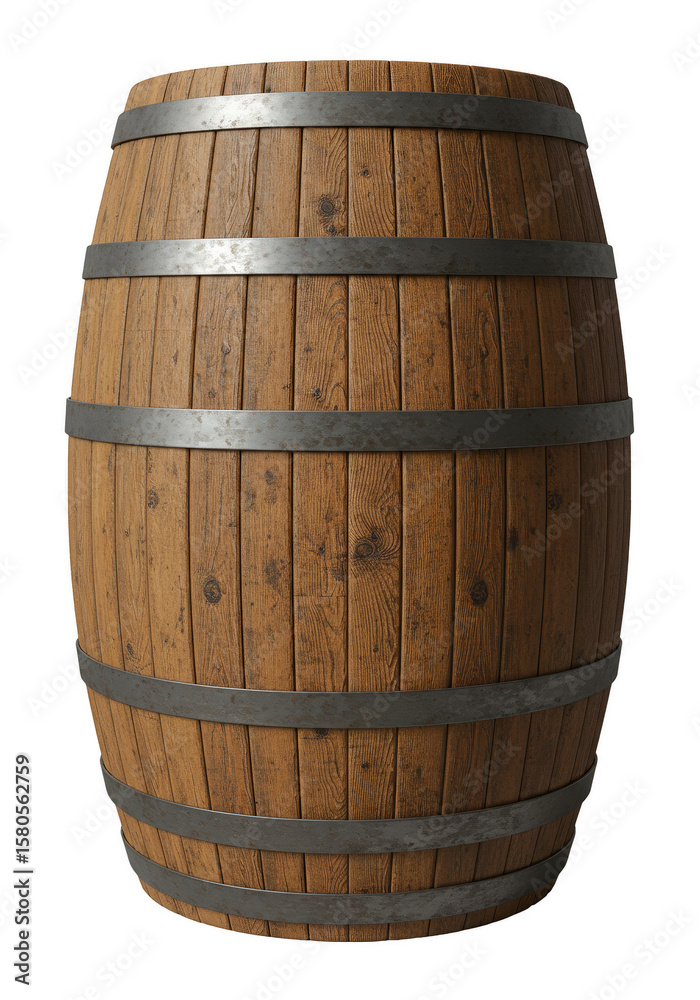 Obraz premium Isolated Wooden Barrel with Metal Hoops Vintage Container 3D Render