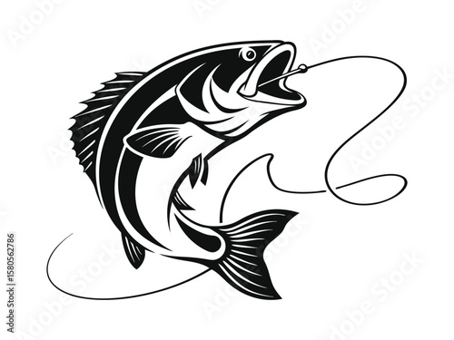 A silhouette of a big bass fish in a black and white vector illustration icon set isolated on a white background. Bass Fish logo and artwork